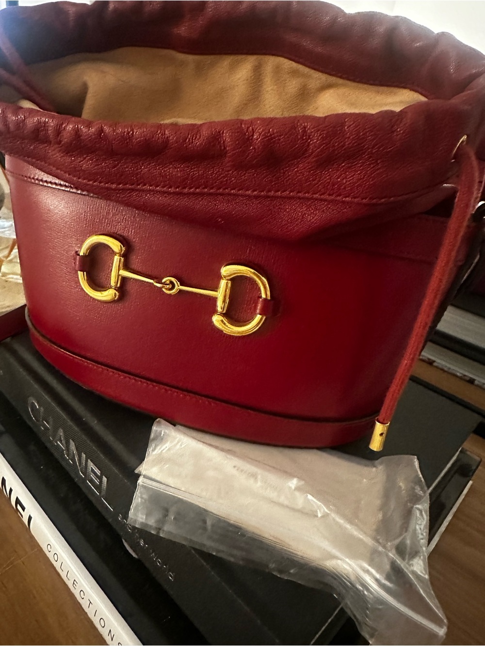 Women's Red Leather Bucket Bag with Gold Hardware